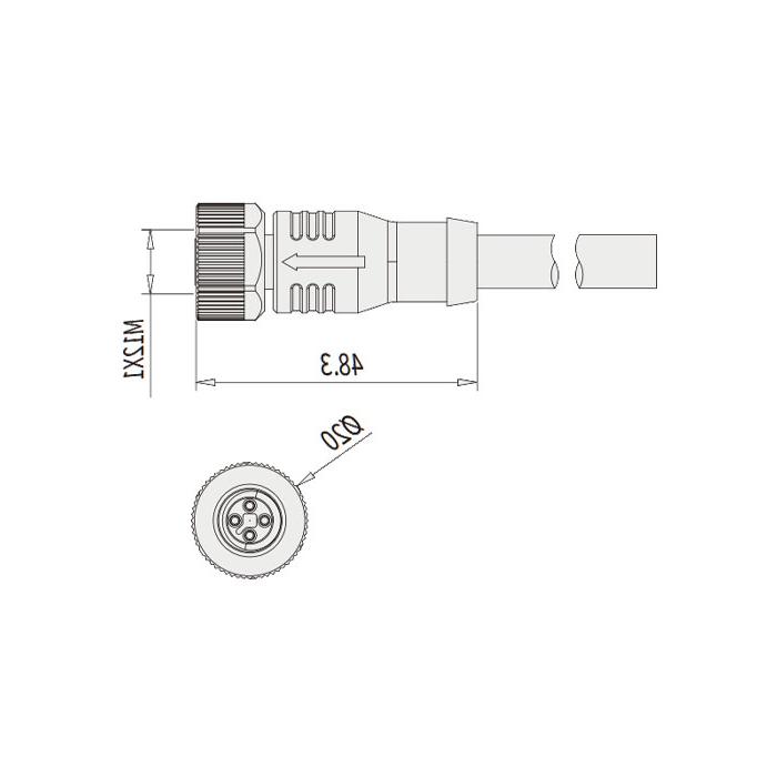 M12 4Pin T-coded、母头直型、单端预铸PVC非柔性电缆、灰色护套、64TP01-XXX