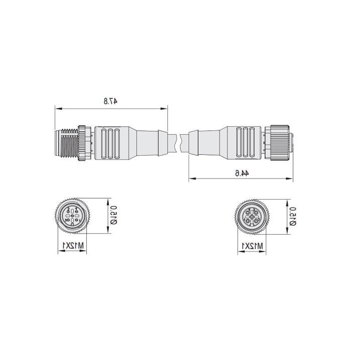 M12 5Pin、母头直型转公头直型、双端预铸PUR柔性电缆、橙色护套、64T533-XXX